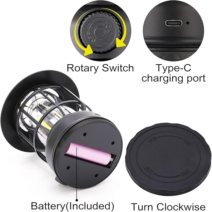 Camping Lanterns Rechargeable, Portable Electric LED Camping Lights Outdoor Hanging Tent Light Vintage Tabletop Lantern Decor Stepless Dimming Waterproof for Camping, Power Outages, Indoor (Black)