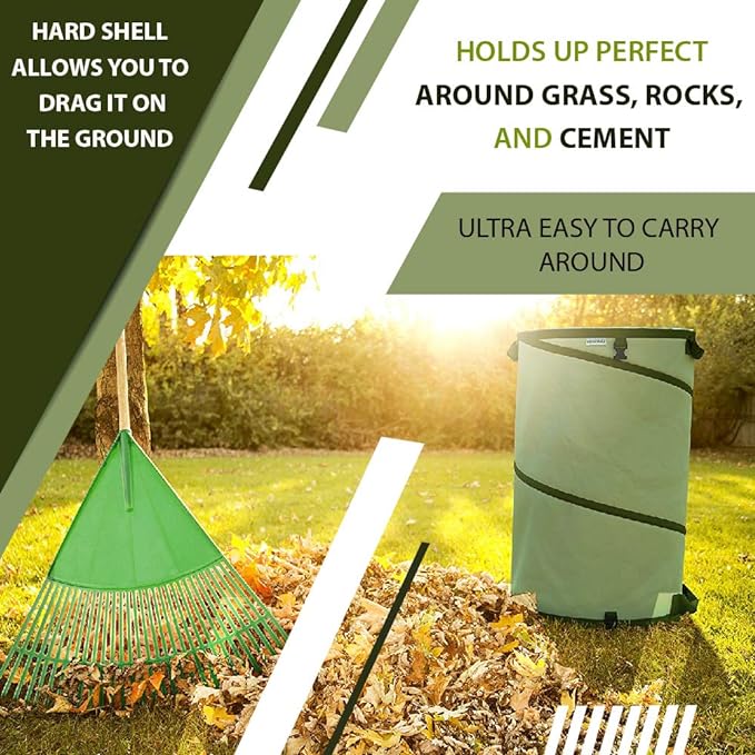 Collapsible -45 Gallon Canvas Garden Waste Bag -Pop-up Bucket Reusable Yard Leaf Bag Holder- Heavy Duty Hardshell Bottom ??with Drain Holes for Lawn Pool Garden Camping Trash Debris Bag with Handles