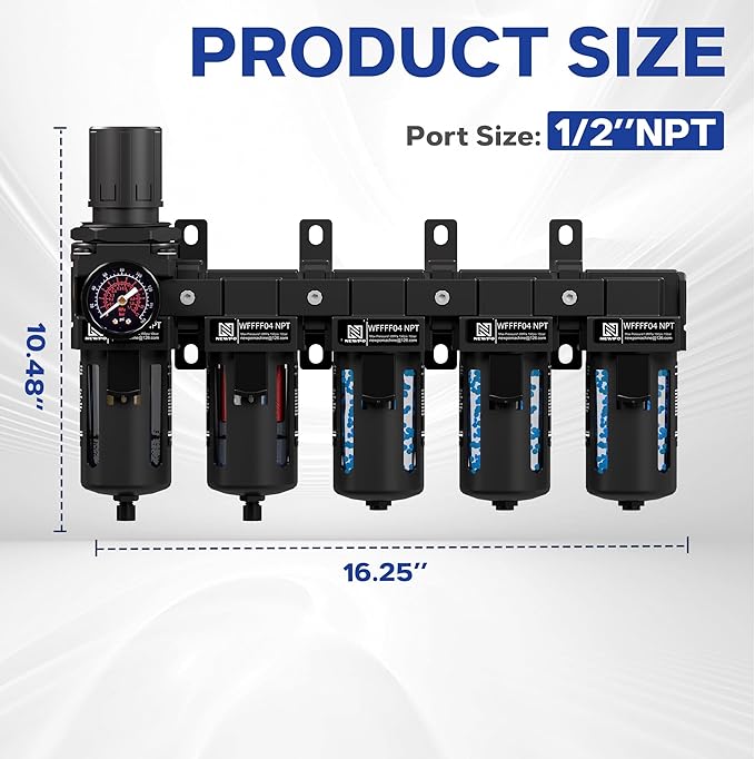 NEWPO 1/2" NPT 5 Stage Air Dryer for Compressor,Air Compressor Water Separator System with 5＆0.01 Micron Filter Cartridge & Triple Desiccant Dryer,Metal Bowl Semi-Auto Drain (Black)