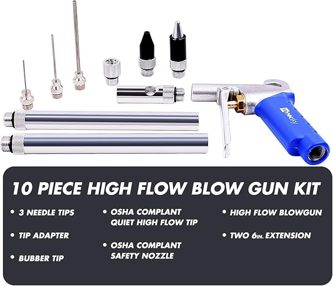 WYNNsky High Flow Air Blow Gun with 9 PCS Blower Tips, 6 inch Extensions, Needle and Rubber Tip, Xtreme Flow Nozzle, Adaptor, 120PSI Working Pressure, Air Compressor Accessories Kit, Cleaning Air Tool