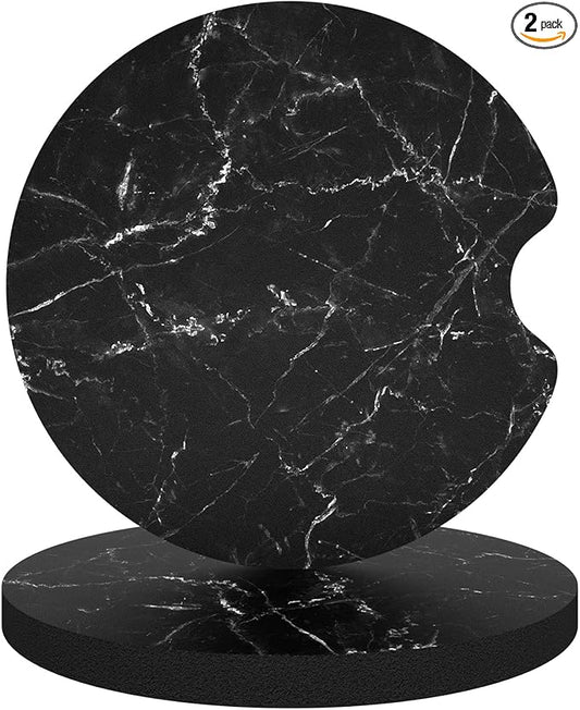 Car Cup Holder Coasters, 2 Pack Universal Auto Anti Slip Insert Coaster with A Finger Notch, Cute Car Assecories for Women Men, Cup Mat for Most Interior, Black Marble