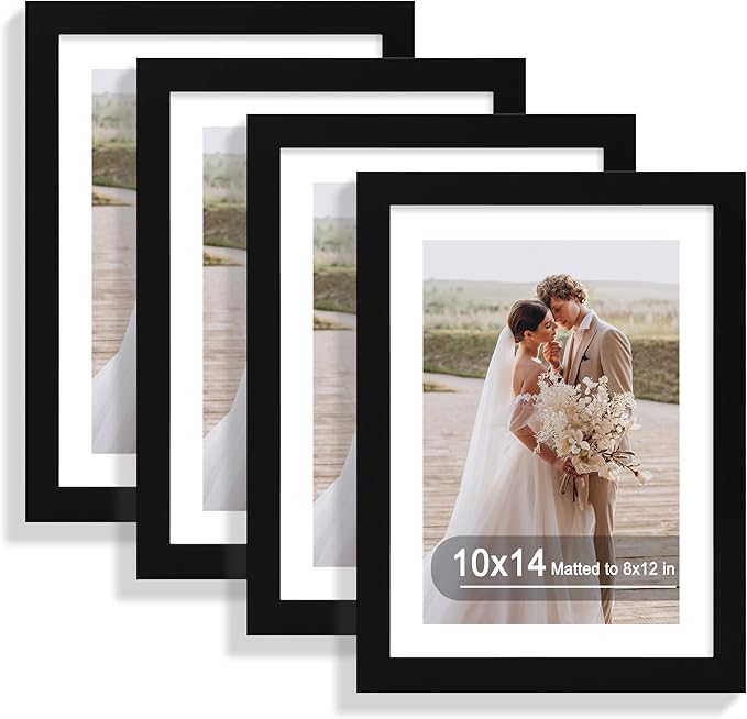 10x14 Picture Frame Set of 4, Made of Glass and Black Wooden Frame, Display 8x12 Pictures with Mat or 30 x 40cm Diamond Painting Art without Mat for Wall Mounting, Gallery Photo Frames
