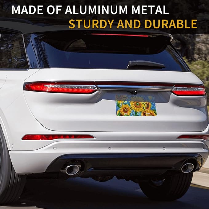 Front License Plate Sunflower Art Vanity Plates Aluminum Metal Decorative Car Tag Novelty License Plate Cover for Men Women ‎6 * 12 in (4 Holes)