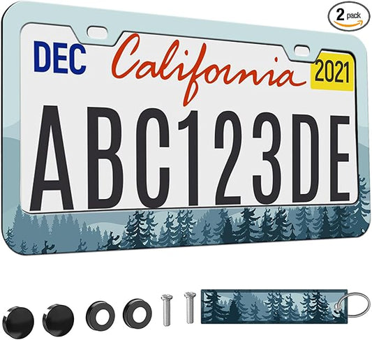 1pcs Mountain License Plate Frame for Women,Natural Pine Forest Mountain Horizon Landscape car Decorative tag Frames Girly,Blue Botanical License Plate Cover Holder for Vehicle with car Keychain tag