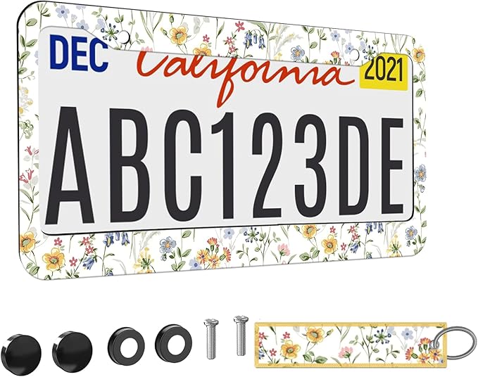 1pcs Wild Flowers Floral License Plate Frame for Women,White Nature Plant car Decorative tag Frames Girly,White Floral License Plate Cover Holder for Vehicle with Double Sided car Keychain tag