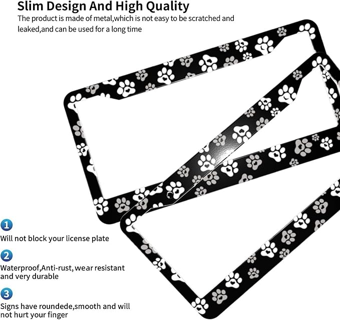 Paw Print License Plate Frame - 1 Pcs Black White Dog Lovers Paw Design License Plate Covers Aluminum Metal Novelty Auto Car Tag Holder with Love Hearts 2 Holes Equipped with Screws