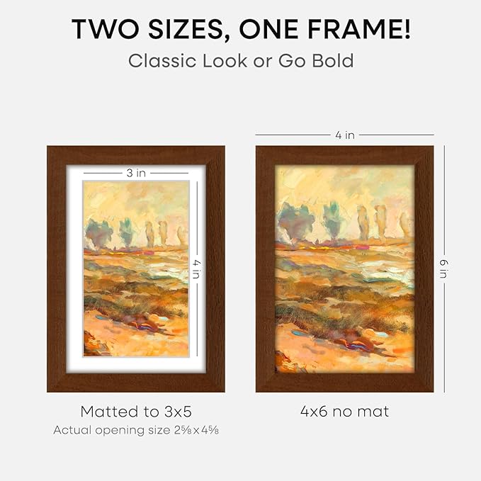 Homeforia 4x6 Brown Picture Frame, High End Dark Oak 4x6 Wooden Frames with Mat 3x5 Photo, 4 x 6 Walnut Wood Frame Matted to 3 x 5 Print, 6x4 Wall or Tabletop Frame, Tempered Glass, Wall Kit, Set of 1