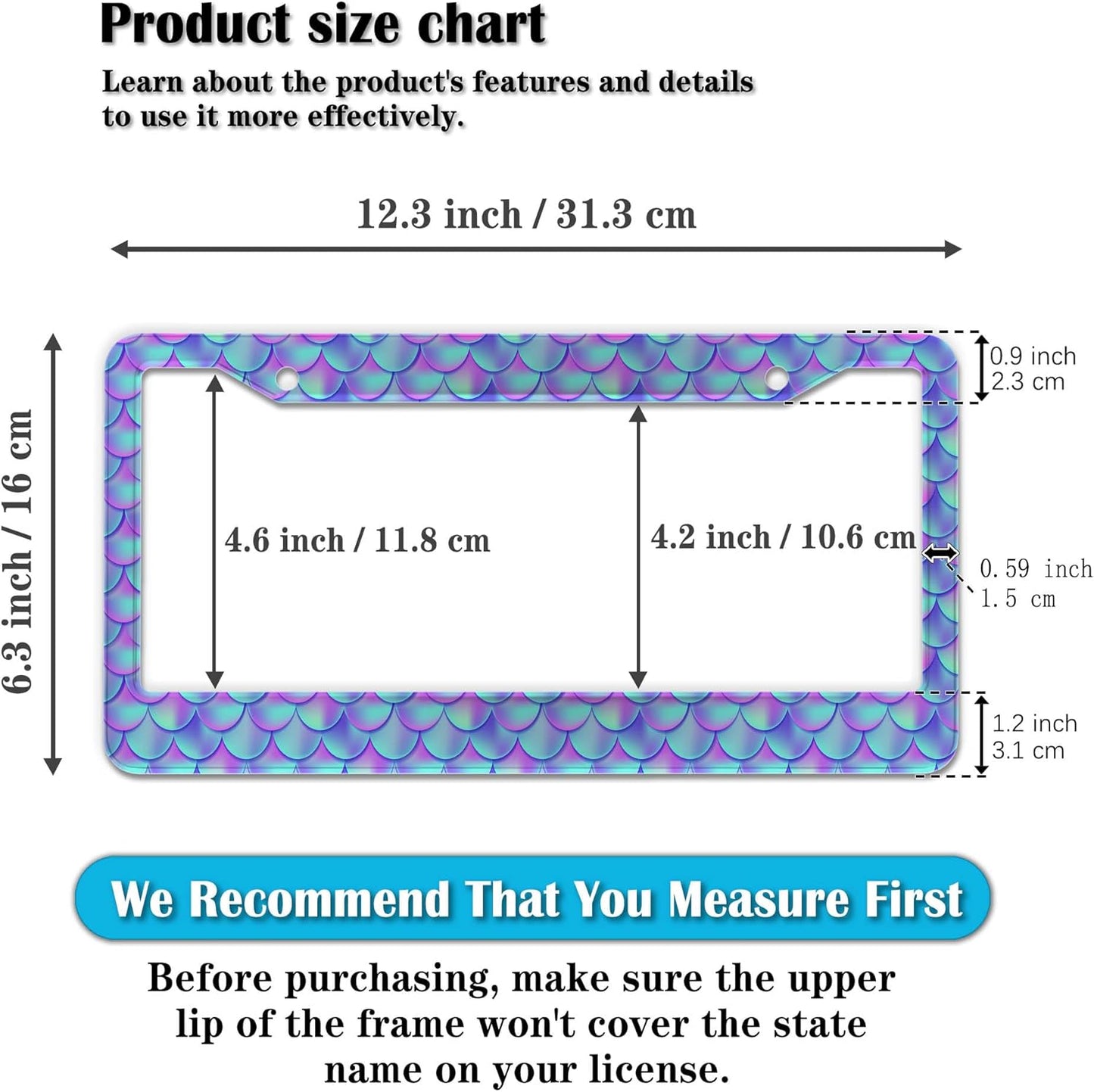 License Plate Frames for Men Purple; License Plate Frame for Women Mermaid Purple Scales Aluminum Metal Car Accessory 2 Pack with Screw Covers Set