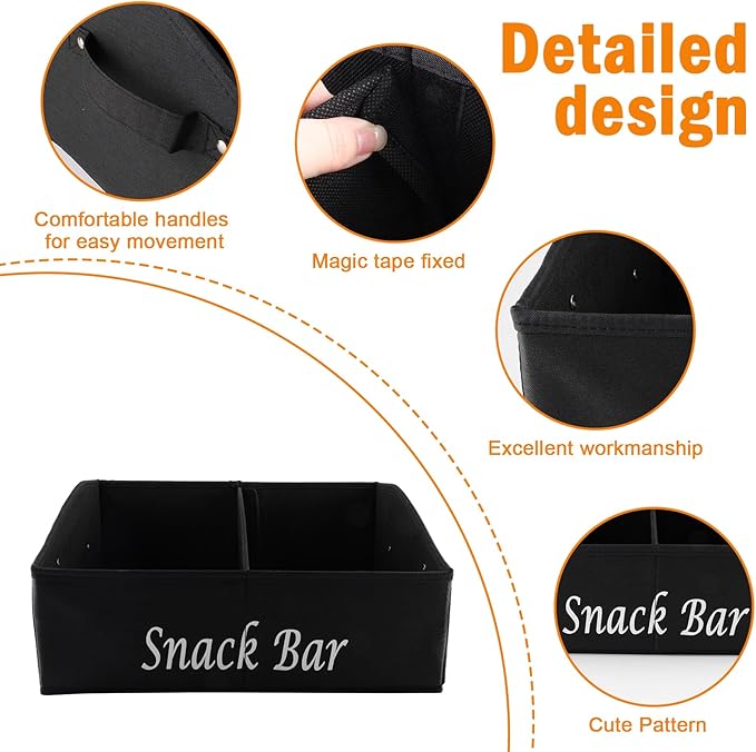 Snack Organizer for Countertop, Fabric Snack Basket with Handles, 2 Large Compartment Snack Container Bin Holder, Snack Bar Station Decor, Kitchen Pantry Organizer and Storage, Black