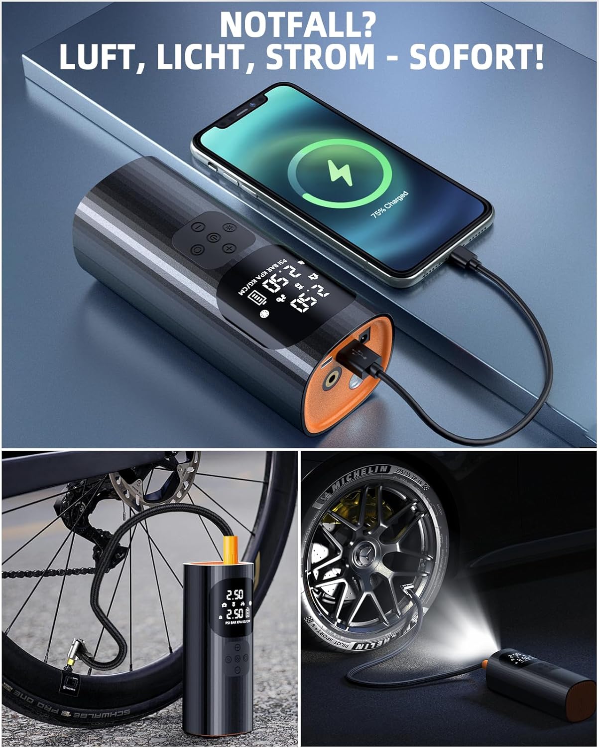 Tire Inflator Portable Air Compressor, 150PSI Cordless Air Pump for Car Tires with Auto Shut-Off Function and Real-Time Accurate Pressure Measurement, Bike Pump for Car, Motorcycle, Bike, Ball