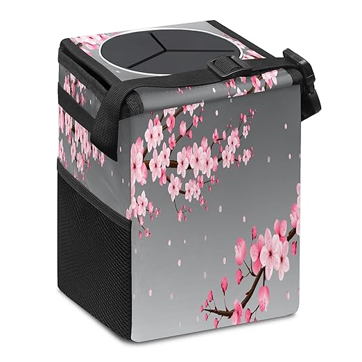 Car Trash Can Pink Cherry Blossom Wate-rproof Auto Garbage Bag Car Trash Can with Lid Leak-Proof Car Storage Bag Hanging for Headrest Collapsible and Portable with Storage Mesh Pocket