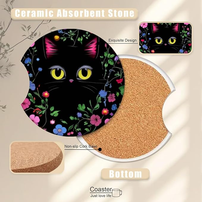 2 Pack Cute Flower Balck Coasters for Cup Holders, Ceramic Car Cup Holder Coaster for Car, Absorbent Car Cup Coasters with Cork Base Car Interior Accessories for Women Men