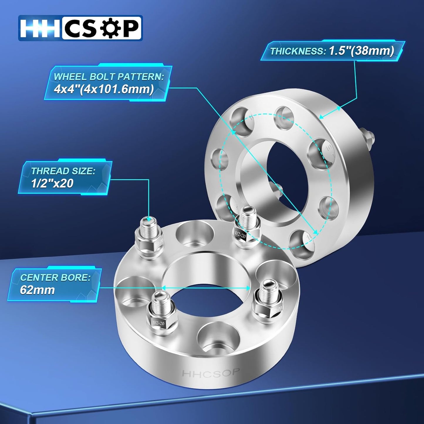 HHCSOP 4x4 Golf Cart Wheel Spacers 1.5 inch ATV Wheel Adapters for EZ GO EZGO Club Car, 4PCS 4x101.6mm Wheel Spacer Hub Bore 62mm with 1/2" Studs - Silver