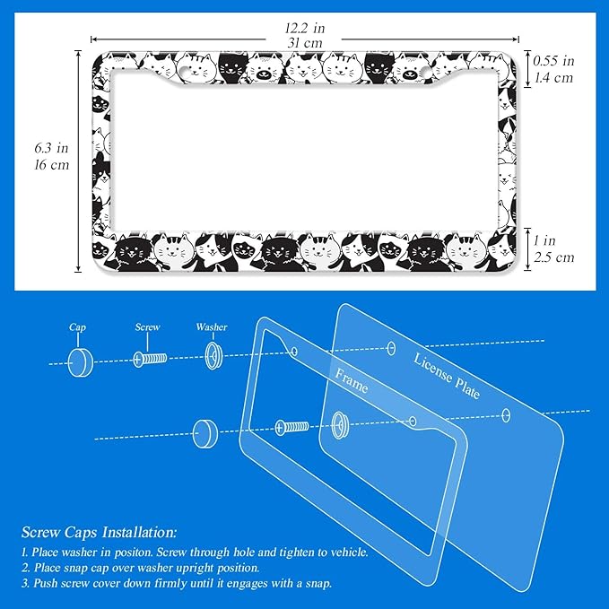 2PCS Black & White Cat Pattern License Plate Frames for Men Women - Universal Aluminum Stainless Steel Kitten Car Tag Covers Holder with Screws, Caps, Rattle Proof Pads and Handlebar Stickers