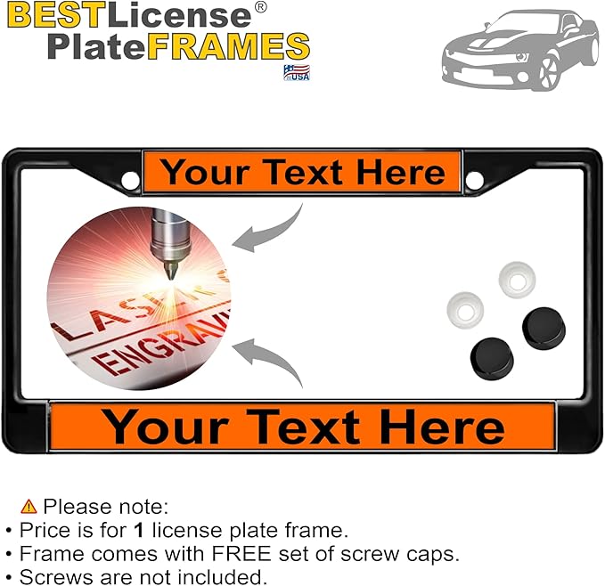 Custom Personalized Black Powder-Coated Metal Laser Engraved Standard Size - Car/Automobile License Plate Frame with Free caps - Orange/Black Text (Qty: 1 Frame)