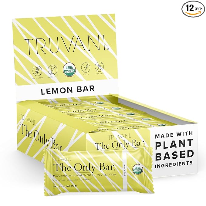 Truvani Plant Based Snack Bars | Lemon Bar 12 Pack | 6g Protein | USDA Organic and Vegan | The Only Bar | Dairy, Soy, and Gluten Free | Individually Wrapped