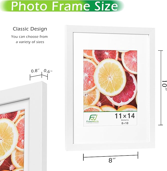 FrameWorks 2-Pack, 11x14 Matted to 8x10 Picture Frame, White – Classic Wooden Photo Frame with Tempered Glass, Modern Matte Finish for Prints, Posters, Certificates & Wall Decor – Gallery-Ready