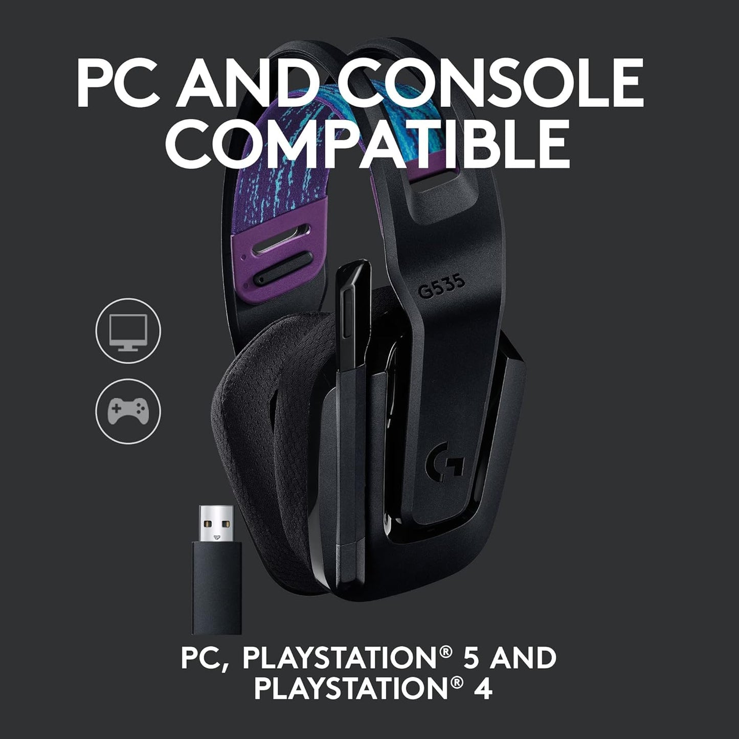Logitech G535 LIGHTSPEED Wireless Gaming Headset - Lightweight on-ear headphones, flip to mute mic, stereo, USB rechargeable - Black