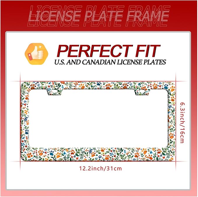 Watercolor Dog Paw License Plate Frame Floral Leaves License Plate Frames Funny Auto Accessory Bracket Stainless Steel Cute Animal License Plate for Men Women 6.3 x 12.3 Inch