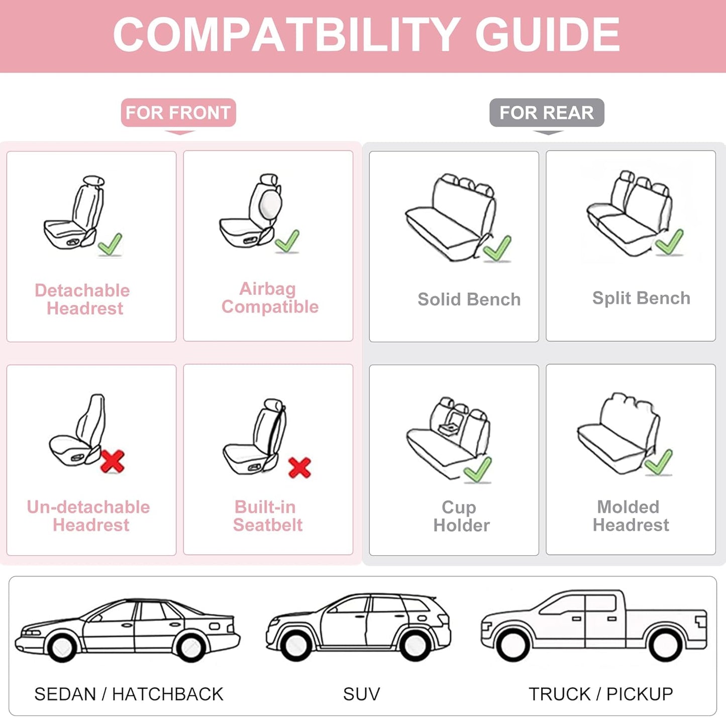 Car Seat Covers Full Set, Front and Rear Seat Covers for Cars, Waterproof Leather Auto Seat Protectors with Head Pillow, Car Seat Cushions Fit for Most Sedans SUV Pick-up Truck, Pink