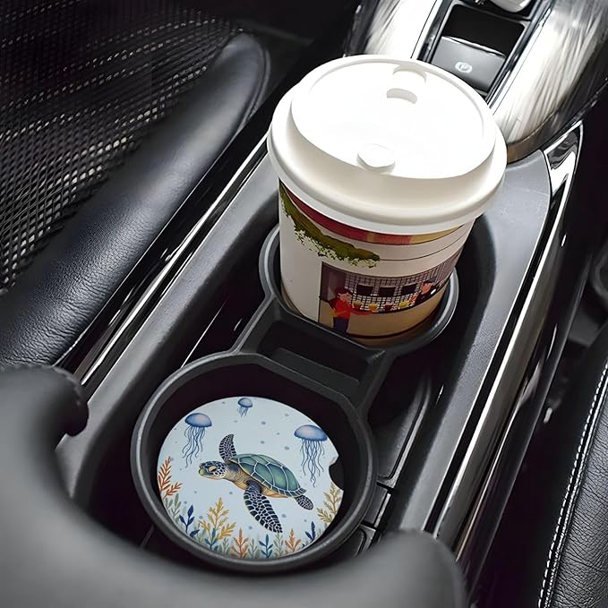 ABLESKY Car Coasters for Cup Holders, 2 Pack Absorbent Anti Slip Car Cup Holder Coasters, 2.56 Inch Ceramic Universal Size Auto Interior Accessories Women Men-Sea Turtles