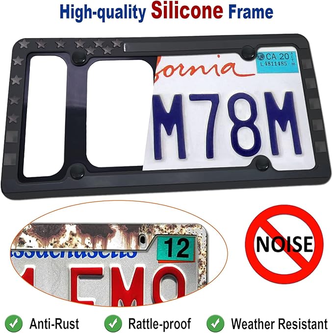 BGMVFK Silicone American Flag License Plate Frames- Patriotic Black Rubber USA Stars and Stripes Flag on Matte Black Holder Cover with Screws Caps, 2 Pack for Front and Rear Car Tags