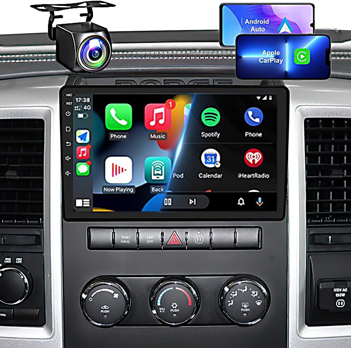 QLED, Customize Desktop Car Stereo Radio Upgrade for Dodge RAM 1500 2500 3500 for 2009 2010 2011 2012,Android Stereo Replacement,Build in Wireless carplay Wired Android Auto,Free Camera (2GB+64GB)