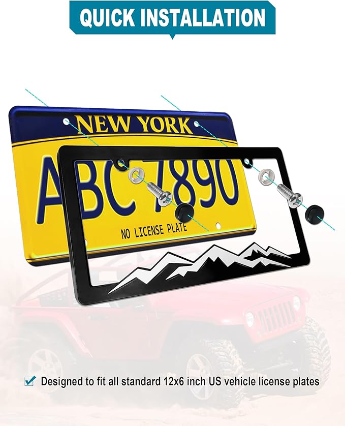 Mountain License Plate Frames- White on Black 3D Mountain Raised, ABS Plastic Car Tag Holder | Includes Rust-Proof Screws, Caps & Free Vinyl Decal Sticker