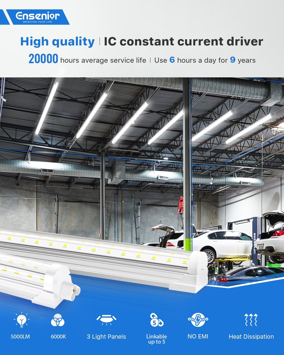 Ensenior 4 Pack 8 FT Led Shop Lights, 6000K Clear White, 10000LM Super Bright, 72W Equivalency 936W, Commercial Bay Lighting, U-Shaped Linkable Shop Lights Plug in for Garage, Workshop, FCC Certified