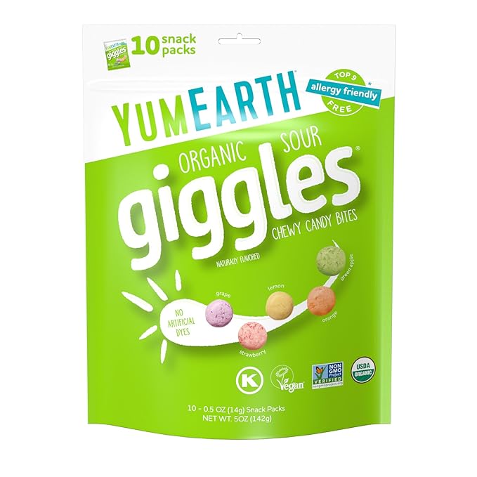 YumEarth Organic Sour Giggles Chewy Candy – Allergy Friendly, No Artificial Dyes, Non GMO, Gluten Free, Sour Fruit Flavored, Vegan Candy Snacks with No Artificial Flavors, 0.5 oz (Pack of 120)