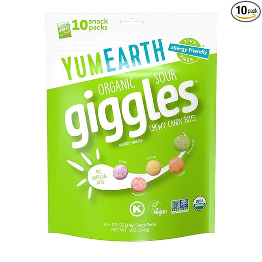 YumEarth Organic Sour Giggles Chewy Candy - Allergy Friendly (Top 9 Free), No Artificial Dyes or Flavors, Non GMO, Gluten Free, Vegan - Individually Wrapped Sour Snack Packs - 0.5 Ounce (Pack of 10)