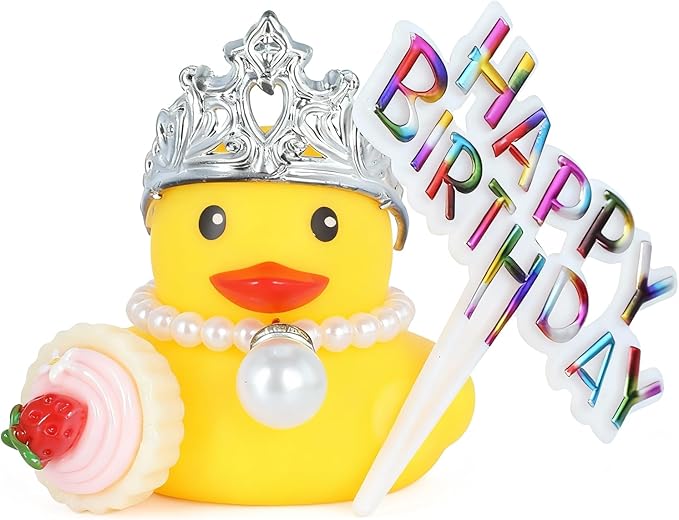 Rubber Duck Birthday Party Favors, DIY Cake Topper with Crown, Pearl & Cupcake Accessories, Duck Decor for Kids, Car Dashboard