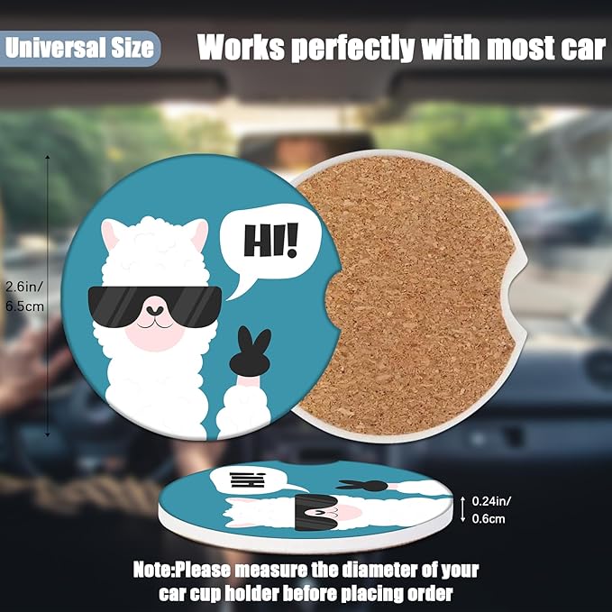 Car Cup Holder Coaster - Funny Sup Llama Absorbent Ceramic Coaster 2 Pack, Car Coasters for Cup Holders, Fashion Car Interior Accessories Drink Coaster for Women & Men