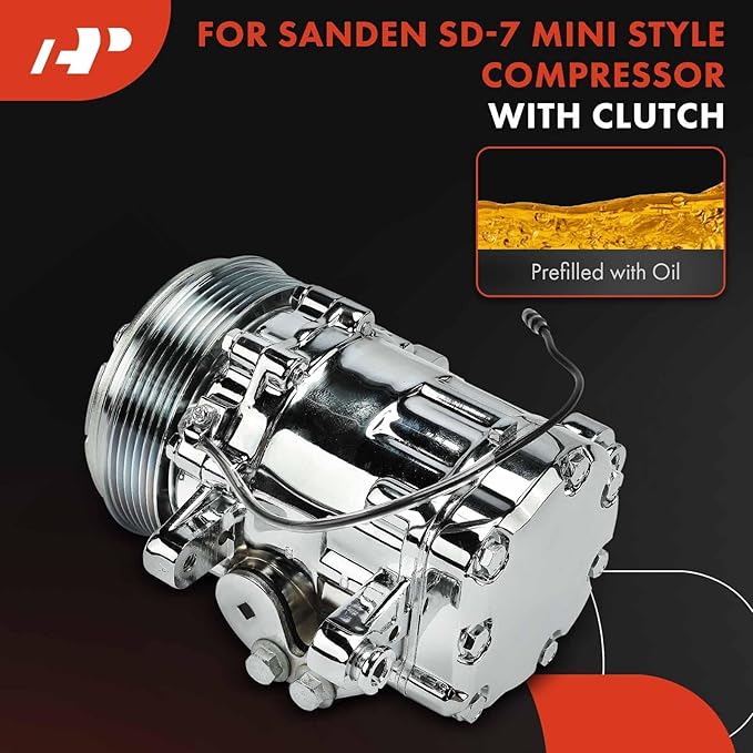 A-Premium Fit for Sanden SD-7 Mini 6PK Style, Universal A/C Compressor with Clutch, 6 Groove Serpentine Belt, Chrome Plated Aluminum Housing