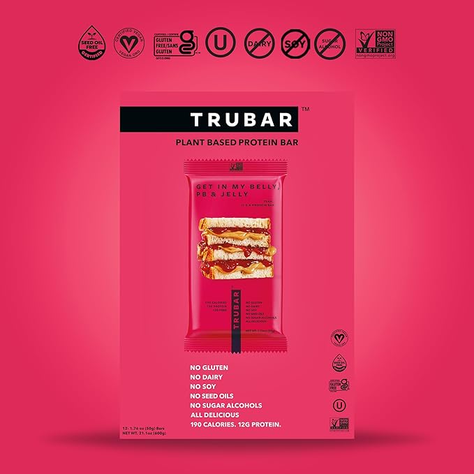 TRUBAR Vegan Protein Bar, Get In My Belly Pb & Jelly, Gluten Free, Plant Based, High Fiber, Dairy Free, Low Fat, Non GMO, No Sugar Alcohols, 12G Lean Protein, 13G Fiber, Healthy Snack Bars, 12 CT