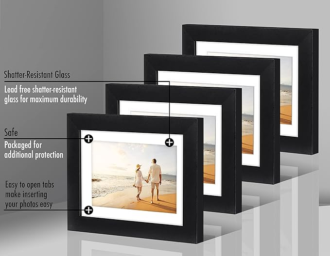 Americanflat 5x7 Picture Frame with Shatter-Resistant Glass - Set of 4 - Use as 4x6 Frame with Mat or Display 5x7 Photo Without Mat - Signature Collection - Picture Frames for Tabletop or Wall - Black