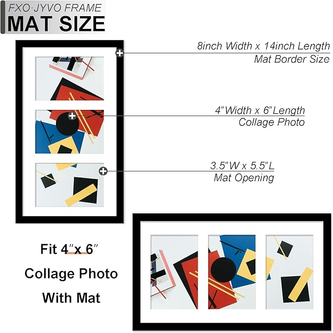 4x6 Picture Frame Collage Set of 6, Display 3 4x6 Picture Collage or 8x14 Photo Only Without Mat, Light Weight and High Transparent Frame for Wall - 6 Pack/Black/3-Openings