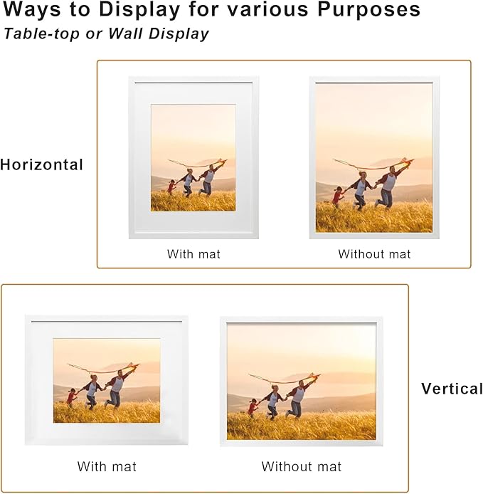 KINLINK 11x14 Picture Frame Set of 6, Wooden 14x11 Photo Frames with Plexiglass for 8x10 Picture with Mat or 11x14 Without Mat, Art Collage for Wall Gallery and Tabletop Display, 11 x 14 Frame White