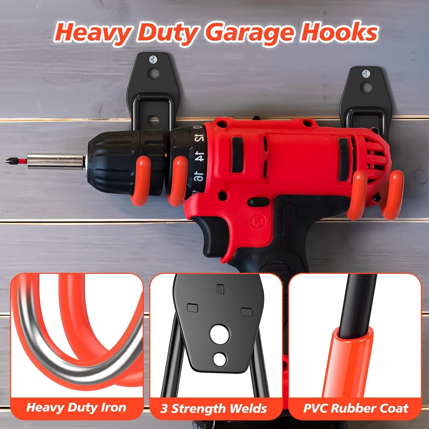 8 Pack 4.7x2.6 inch J Heavy Duty Garage Hooks,Solid Steel Wall Mount Hangers,with Anti-Slip Coating,for Hanging and Organising Ladder,Bike,Ropes,Broom,Garden,Yard and Power Tools