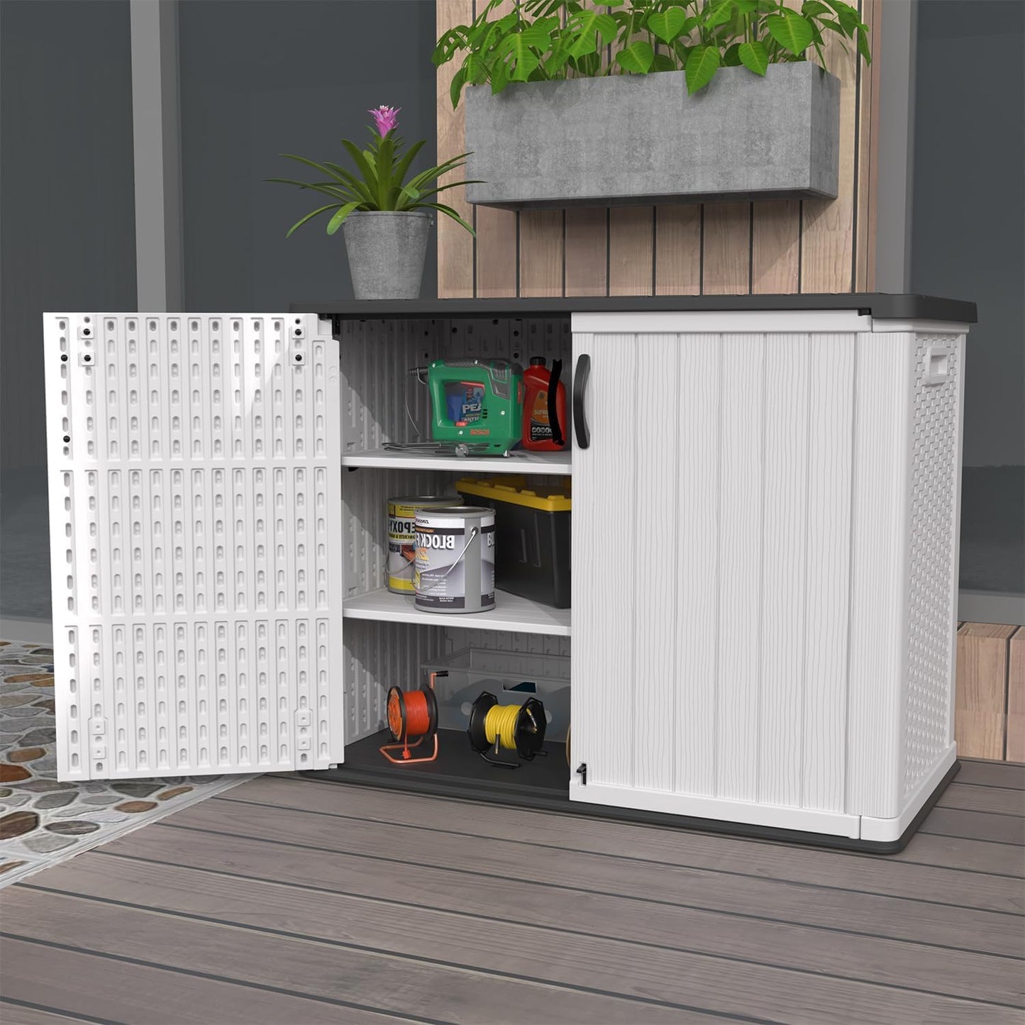 Patiowell 26 Cu.ft Plastic Outdoor Storage Shed w/o Shelf, Lockable Waterproof Horizonal Storage Cabinet Tool Box for Patio, Garden Tools, Garbage Cans, Pool Supplies, White(Not Include Shelves)