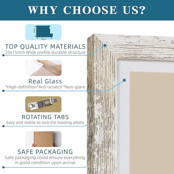 6x6 Picture Frame Set of 4, Made of Real Glass and Multicolour Wooden Frame, 6 by 6 Photo for Wall or Tabletop - Display Picture 4x4 with Mat or 6x6 Without Mat