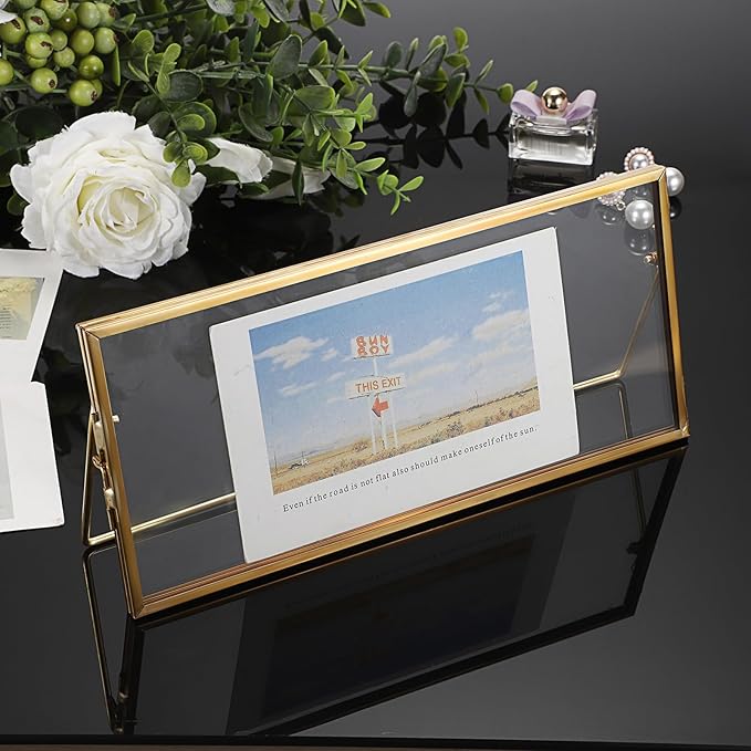 JUXYES Tabletop Business License Frame Brass License Certificate Display Frame, Double Glass Floating Diploma Frames, Desktop Golden Graduation Frames for 4x9 and 3.5x8.5 Certificate Business