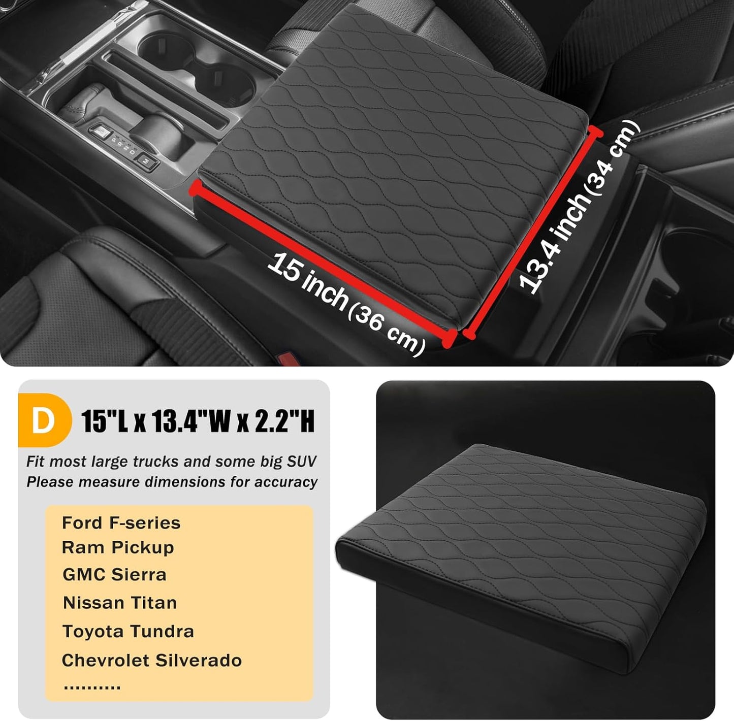 Car Center Console Cover pad PU Leather,Black Armrest Box mat,Vehicle Arm Rest Cushion Protector,Memory Foam pad,Full size SUV truck,f150 sierra titan silverdo tundra(sizeD 15x13.4x2.2)