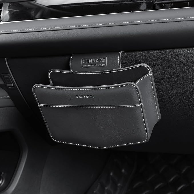 Car Trash Can Small Leather Vehicle Trash Bin Car Dustbin Garbage Organizer Holder with Trash Bag Foldable Mini Cars Storage Bag Container for Auto SUV Van Trucks (Black,Glovebox Hanging)