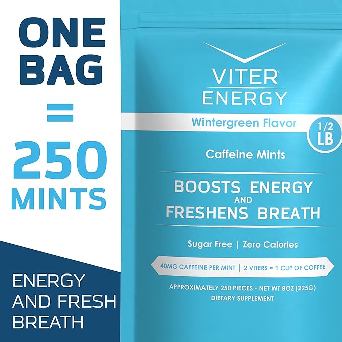 Viter Energy 40mg Caffeine Mints - Sugar Free, B Vitamins, Vegan, Boosts Fast Energized Alert Focus, Caffeinated Nootropic Supplement Pills (Wintergreen Flavor, 8oz, Bulk Bag)