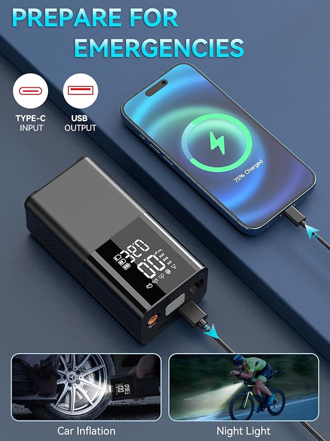 Tire Inflator Portable Air Compressor 20000mAh Air Pump for Car Tires 150 PSI Cordless Electric Tire Air Pump Portable for Car, Motorcycle, Bicycle Wheel Tire and More