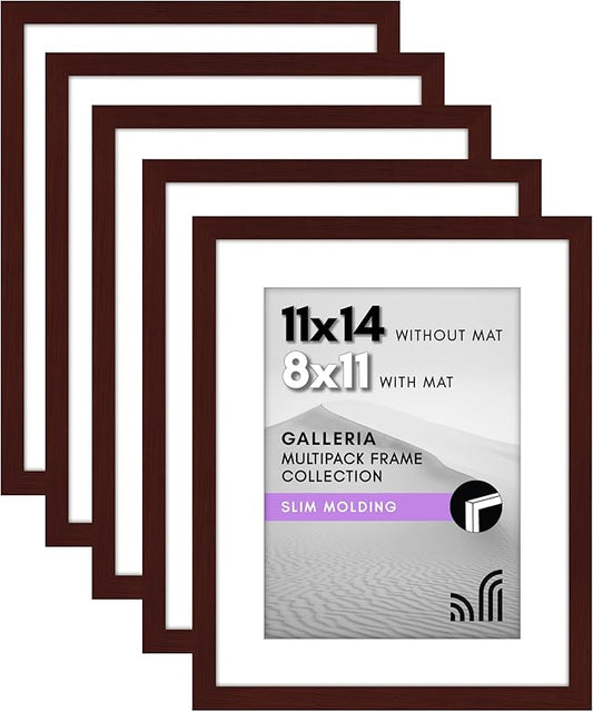 Americanflat 11x14 Picture Frame with Polished Plexiglass - Set of 5 - Use as 8x11 Frame with Mat or Display 11x14 Photo Without Mat - Galleria Collection - Picture Frames for Wall Display - Mahogany