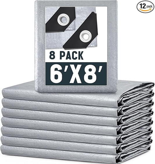 12 Pack 6 x 8 ft 5.5 Mil Large Tarps Heavy Duty Waterproof Tarp Multi Purpose Tent Cover for Home Boats Cars Camping Patio Furniture Roof Emergency Rain Protective Cover, Silver