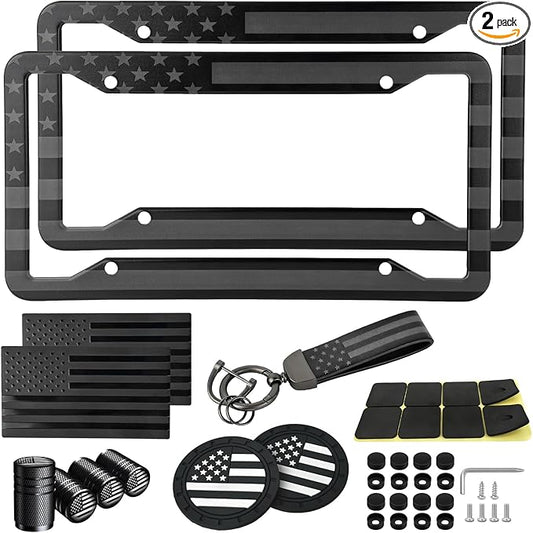 American Flag License Plate Frames Holder - 2 Pack Stainless Steel Rustproof USA Patriotic Car Tag Cover Holder with Free Screws Accessories + Metal Stickers & Keychain & Cup Holder Mats, Black Gray