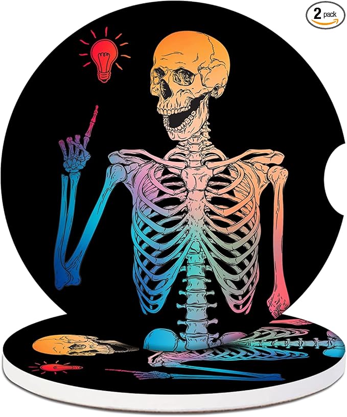 Car Cup Holder Coaster - Colorful Funny Skull Absorbent Ceramic Coaster 2 Pack, Car Coasters for Cup Holders, Fashion Car Interior Accessories Drink Coaster for Women & Men